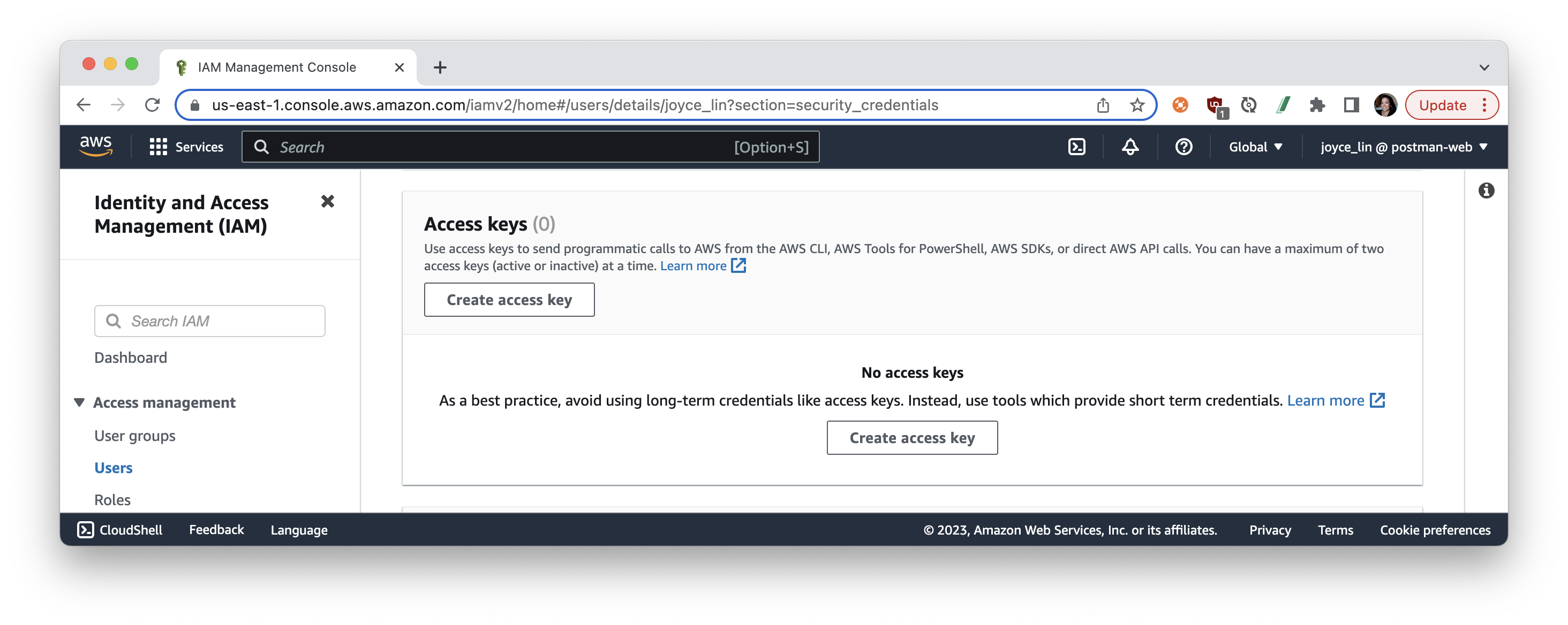 create access key in AWS console