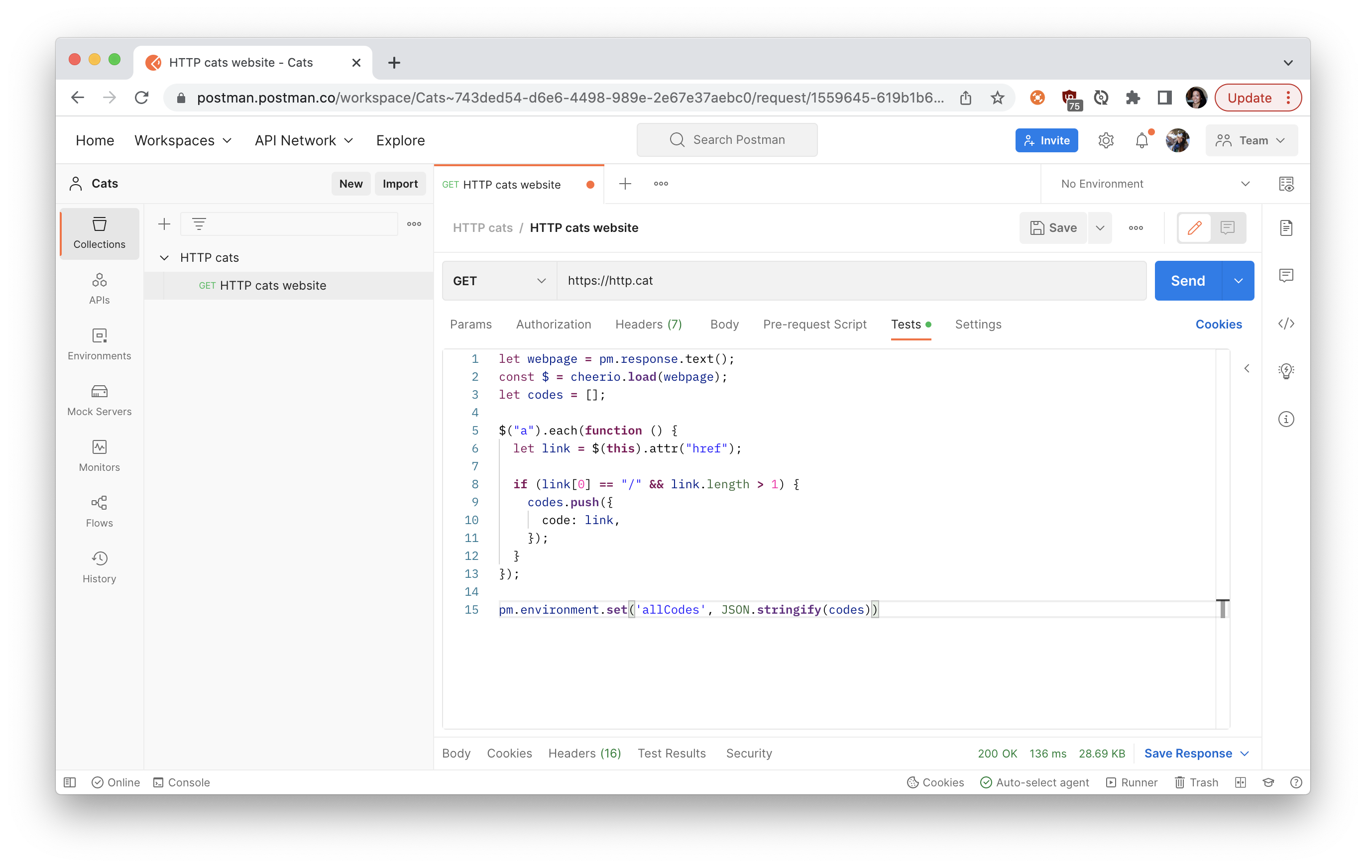 Create a new environment and set an environment variable in the test script